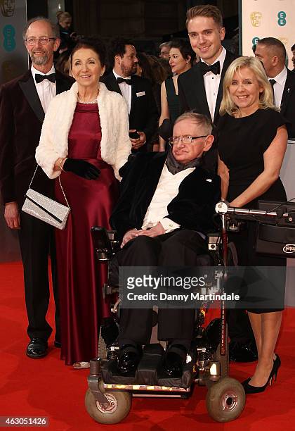 Stephen Hawking, Jane Wilde Hawking and daughter Lucy Hawking attends the EE British Academy Film Awards at The Royal Opera House on February 8, 2015...