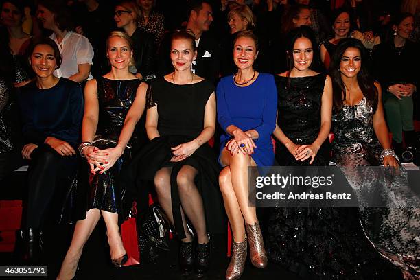 Angela Gessmann, Judith Rakers, Anna Loos, Ruth Moschner, Johanna Klum and Fernanda Brandao attend the Guido Maria Kretschmer Show during...