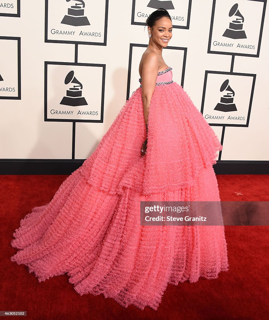 Rihanna arrives at the The 57th Annual GRAMMY Awards on February