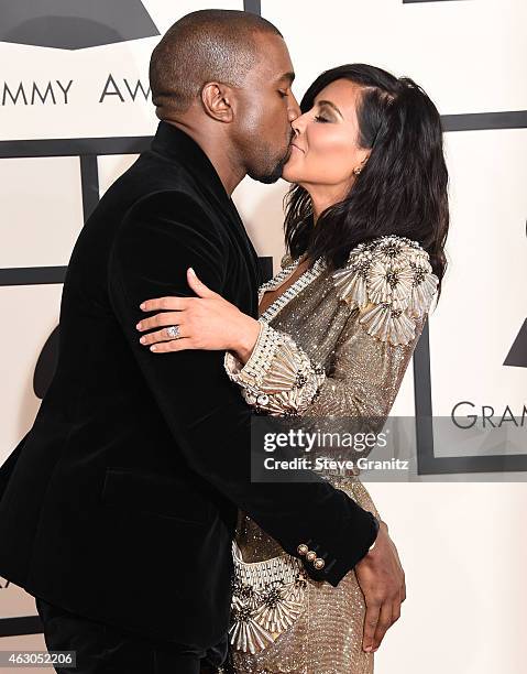 Kanye West and Kim Kardashian arrives at the The 57th Annual GRAMMY Awards on February 8, 2015 in Los Angeles, California.