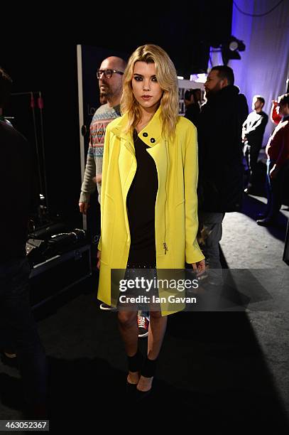 Model poses backstage ahead of the Laurel show during Mercedes-Benz Fashion Week Autumn/Winter 2014/15 at Brandenburg Gate on January 16, 2014 in...