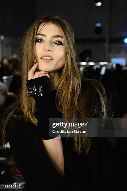 Model poses backstage ahead of the Laurel show during Mercedes-Benz Fashion Week Autumn/Winter 2014/15 at Brandenburg Gate on January 16, 2014 in...