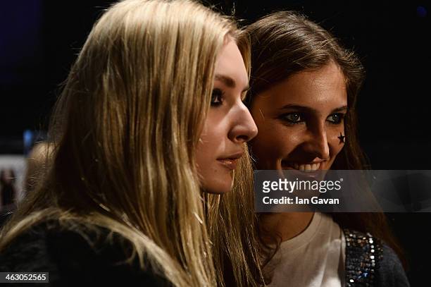 Models pose backstage ahead of the Laurel show during Mercedes-Benz Fashion Week Autumn/Winter 2014/15 at Brandenburg Gate on January 16, 2014 in...