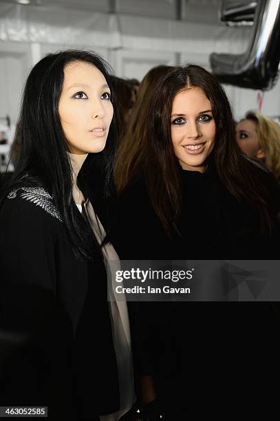 Models pose backstage ahead of the Laurel show during Mercedes-Benz Fashion Week Autumn/Winter 2014/15 at Brandenburg Gate on January 16, 2014 in...