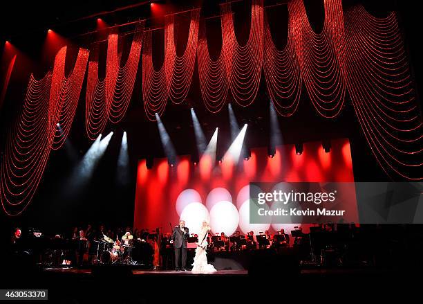 Lady Gaga and Tony Bennett perform onstage in support of their award winning album "Cheek To Cheek" at The Wiltern on February 8, 2015 in Los...