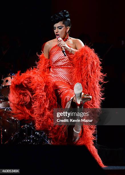 Lady Gaga performs onstage with Tony Bennett in support of their award winning album "Cheek To Cheek" at The Wiltern on February 8, 2015 in Los...