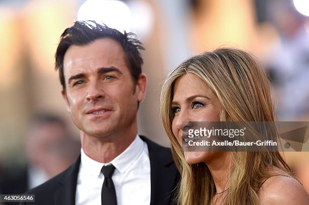 Actors Justin Theroux and Jennifer Aniston arrive at the 21st Annual Screen Actors Guild Awards at The Shrine Auditorium on January 25, 2015 in Los...