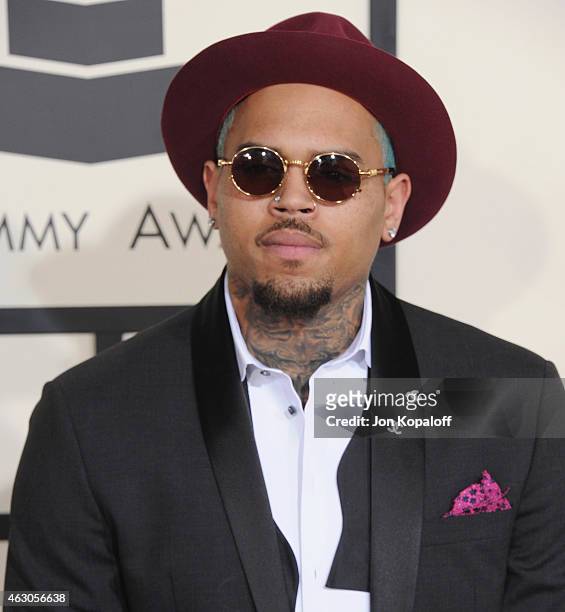 Singer Chris Brown arrives at the 57th GRAMMY Awards at Staples Center on February 8, 2015 in Los Angeles, California.