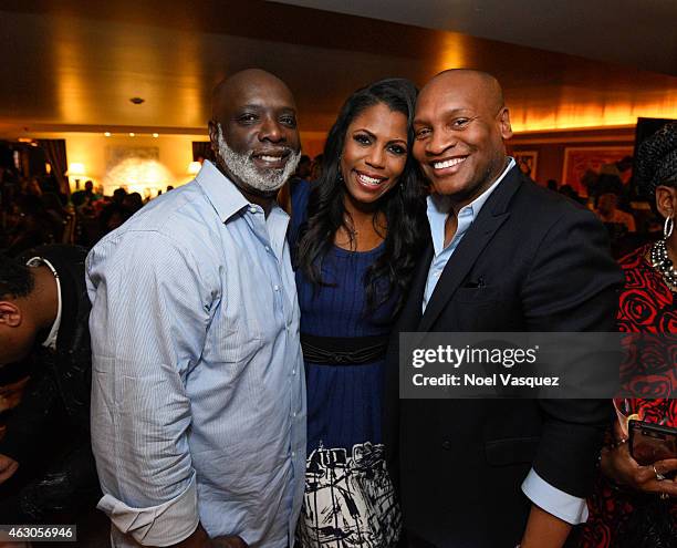 Peter Thomas, Omarosa and Marcellas Reynolds attend BWEL Foundation's 4th Annual Grammy viewing party sponsored by Hennessy at L'Ermitage on February...