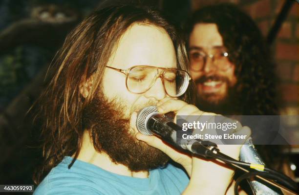 Close-up of American musician Jon Fishman, of Phish, as he appears as a guest of the band Shockra on stage at the Wetlands Preserve nightclub , New...