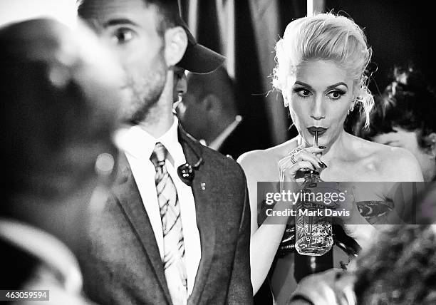 Recording artists Adam Levine and Gwen Stefani attend backstage at The 57th Annual GRAMMY Awards at STAPLES Center on February 8, 2015 in Los...