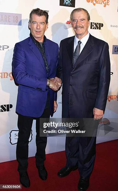 Actor Pierce Brosnan and former President of Mexico Vicente Fox Quesada arrive at the Sunset Marquis Hotel And Rock Against Trafficking GRAMMY After...