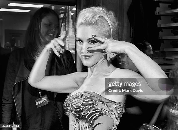 Recording artists Adam Levine and Gwen Stefani attend backstage at The 57th Annual GRAMMY Awards at STAPLES Center on February 8, 2015 in Los...