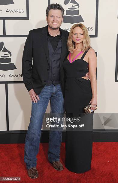 Blake Shelton and wife Miranda Lambert arrive at the 57th GRAMMY Awards at Staples Center on February 8, 2015 in Los Angeles, California.