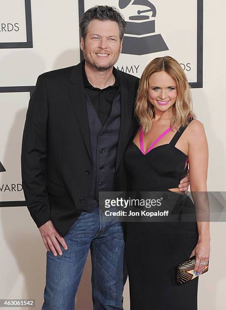 Blake Shelton and wife Miranda Lambert arrive at the 57th GRAMMY Awards at Staples Center on February 8, 2015 in Los Angeles, California.