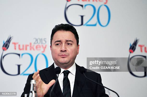 Turkey's Deputy Prime Minister Ali Babacan gestures during a press conference on the steps of the G20 finance ministers and central bank governors...