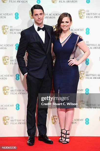 Matthew Goode and Hayley Atwell poses in the winners room at the EE British Academy Film Awards at The Royal Opera House on February 8, 2015 in...