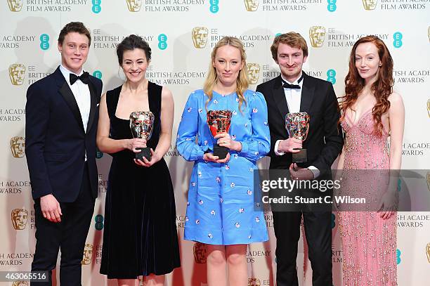 George MacKay and Olivia Grant present Jennifer Majka, Daisy Jacobs and Chris Hees, winners of the Best Short Animation award for 'The Bigger...