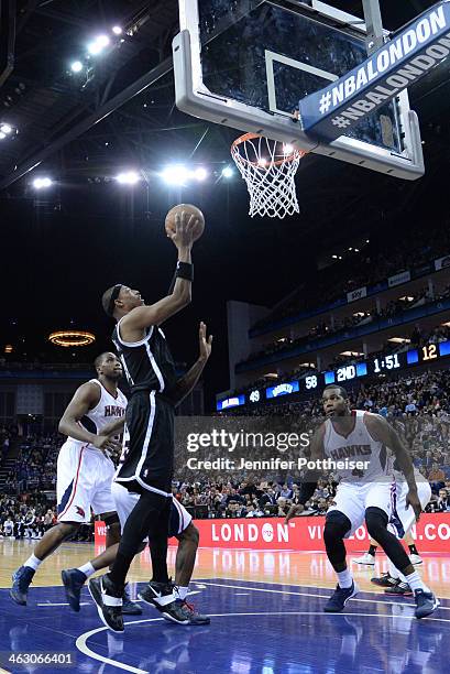 Paul Pierce of the Brooklyn Nets shoots against the Atlanta Hawks as part of the 2014 Global Games on January 16, 2014 at The O2 Arena in London,...