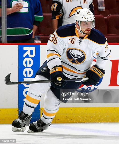 Patrick Kaleta of the Buffalo Sabres skates up ice during their NHL game against the Vancouver Canucks at Rogers Arena January 30, 2015 in Vancouver,...