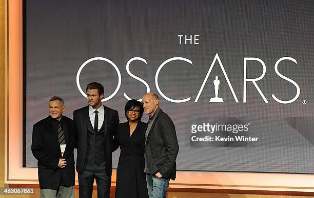 Producer Craig Zadan, Chris Hemsworth, Academy President Cheryl Boone Isaacs and producer Neil Meron attend the 86th Academy Awards Nominations...