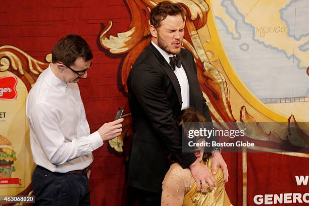 Chris Pratt gropes Matthew Walker during a lap dance at the Hasting Pudding Man of the Year award roast in Cambridge, Mass. On February 6, 2015.