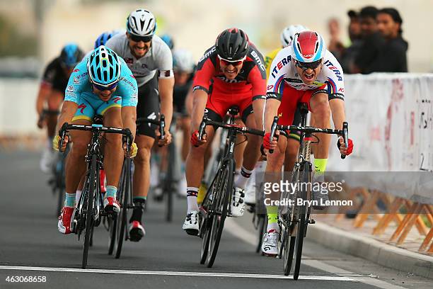 Alexander Kristoff of Norway and Team Katusha crosses the finishline to win stage two of the 2015 Tour of Qatar, a 187km stage from Al Wakra to Al...