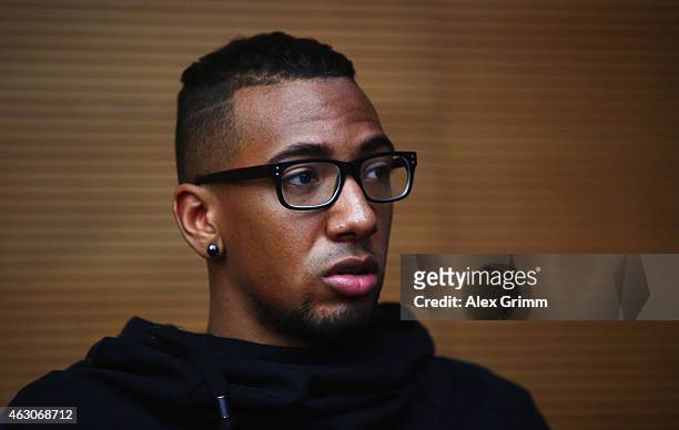 Jerome Boateng of Bayern Muenchen arrives for a trial at the DFB Sports Court at the DFB headquarters on February 9, 2015 in Frankfurt am Main,...