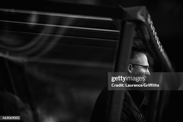 Paul Lambert of Aston Villa looks on during the Barclays Premier League match between Aston Villa and Chelsea at Villa Park on February 7, 2015 in...