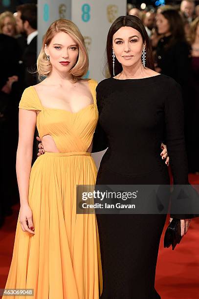 Lea Seydoux and Monica Bellucci attend the EE British Academy Film Awards at The Royal Opera House on February 8, 2015 in London, England.