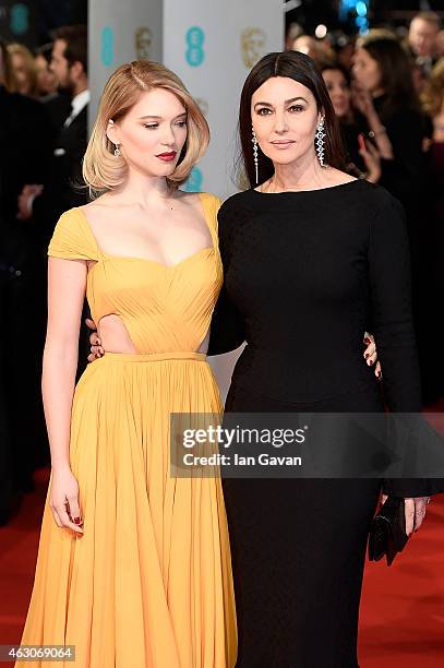 Lea Seydoux and Monica Bellucci attend the EE British Academy Film Awards at The Royal Opera House on February 8, 2015 in London, England.