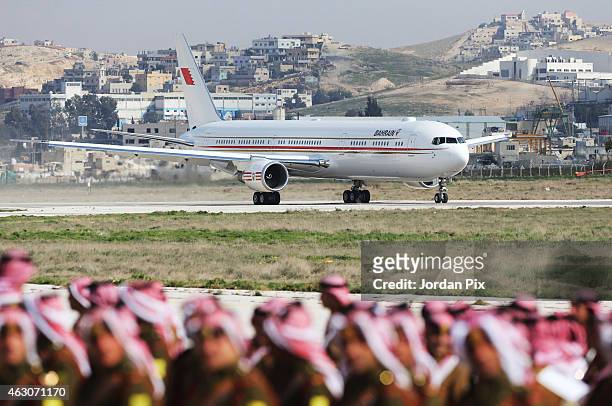 Royal Jordanian honour guard prepare for the arrival of King of Bahrain Hamad bin Isa Al Khalifa during an official reception at Marka airport on...