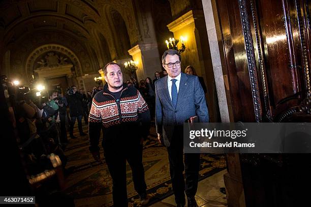 President of Catalonia Artur Mas and President of the Anti-Corruption Commission David Fernandez arrive at the Parliament on February 9, 2015 in...