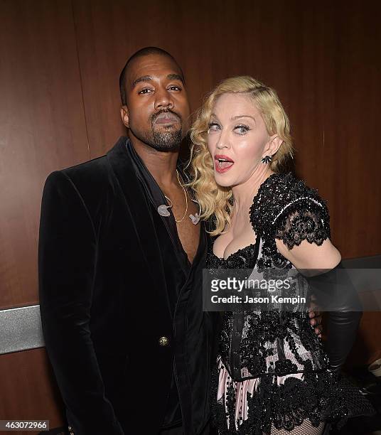 Kanye West and Madonna attend the 57th Annual GRAMMY Awards - Backstage at The Staples Center on February 8, 2015 in Los Angeles, California.