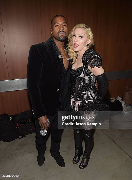 Kanye West and Madonna attend the 57th Annual GRAMMY Awards - Backstage at The Staples Center on February 8, 2015 in Los Angeles, California.