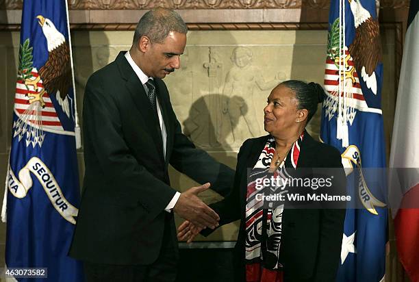 Attorney General Eric Holder meets with French Minister of Justice Christiane Taubira at the Justice Department February 9, 2015 in Washington, DC....