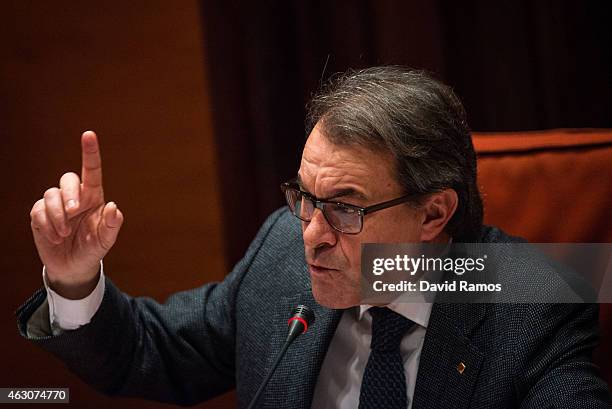 President of Catalonia Artur Mas answers the questions of members of the Parliament in the Anti-Corruption Comission on February 9, 2015 in...