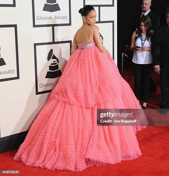 Singer Rihanna arrives at the 57th GRAMMY Awards at Staples Center on February 8, 2015 in Los Angeles, California.