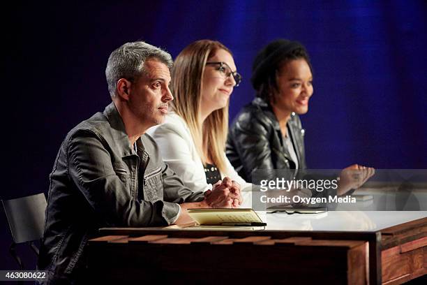 Episode 102 -- Pictured: Executive Producer, Host and Co-Judge Justin BUA alongside Co-Judge Lauren Wagner and guest judge Tatyana Fazlazadeh during...