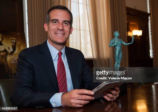 Member Los Angeles Mayor Eric Garcetti is casting his vote For The Upcoming 20th Annual SAG Awards Nominees on January 14, 2014 in Hollywood,...