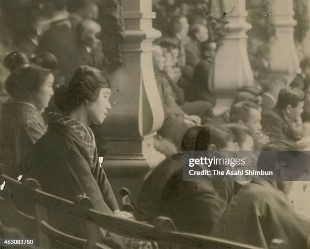 Woman Suffrage Campaigner Teruko Shimizu is seen on a spectator seat during the 50th Imperial Japanese Parliament at the diet building on January 23,...
