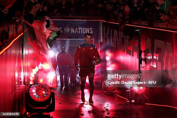 Captain Sam Warburton of Wales leads out his team as he wins his 50th cap during the RBS Six Nations match between Wales and England at the...