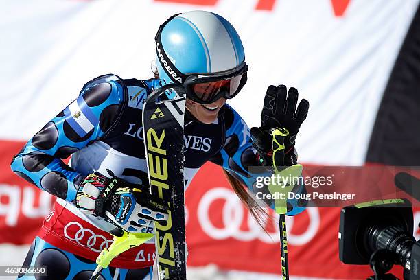 Macarena Simari Birkner of Argentina reacts during the Ladies' Alpine Combined Slalom run on the Raptor racecourse on Day 8 of the 2015 FIS Alpine...