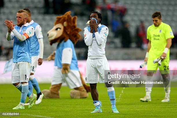 Anthony Annan of 1860 Muenchen reacts after the Second Bundesliga match between 1860 Muenchen and 1. FC Heidenheim at Allianz Arena on February 9,...