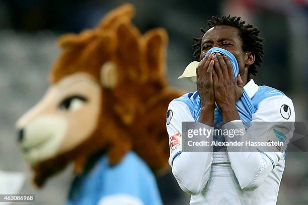 Anthony Annan of 1860 Muenchen reacts after the Second Bundesliga match between 1860 Muenchen and 1. FC Heidenheim at Allianz Arena on February 9,...