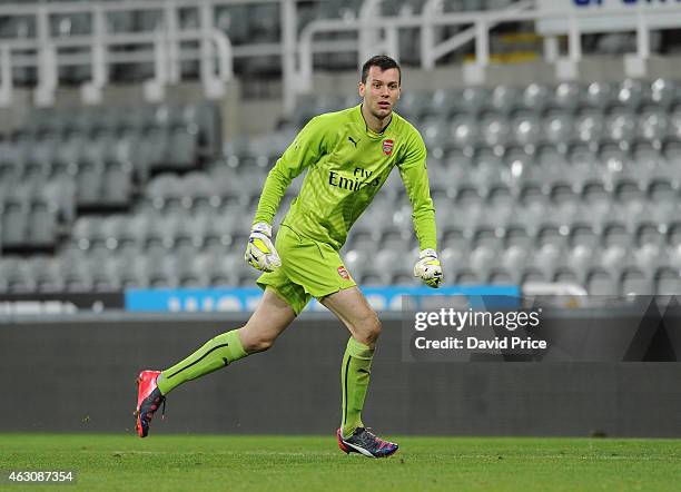 Dejan Iliev of Arsenal during the match between Newcastle United and Arsenal in the Barclays U21 Premier League at St. James Park on February 9, 2015...