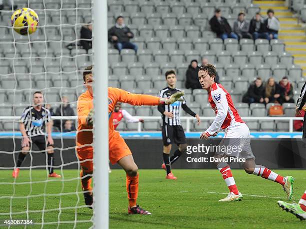 Austin Lipman turns away to celebrate scoring Arsenal's 2nd goal past Freddie Woodman of Newcastle during the match between Newcastle United and...