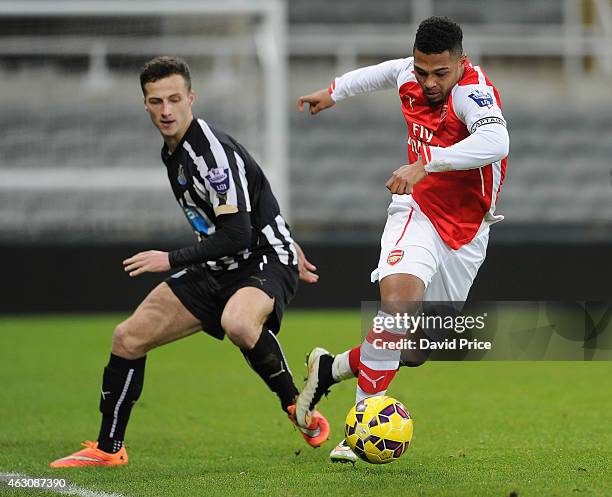 Serge Gnabry of Arsenal turns away from Jamie Sterry of Newcastle during the match between Newcastle United and Arsenal in the Barclays U21 Premier...