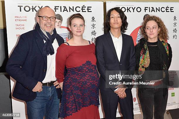 Stefan Liberski, Pauline Etienne, Taichi Inoue and Alice de Lencquesaing attend the 'Tokyo Fiancee' Paris Premiere at UGC Cine Cite des Halles on...