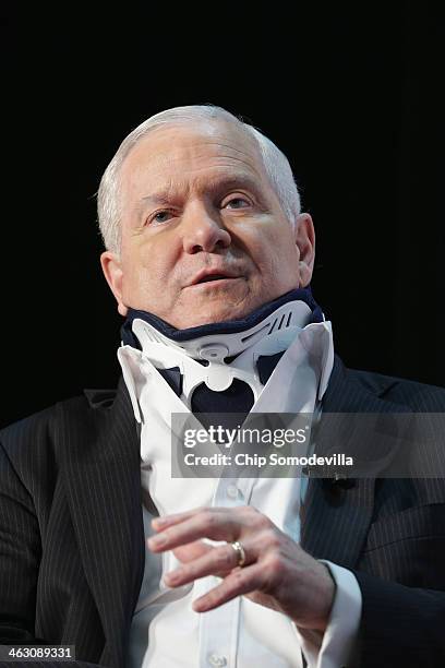 Former US Secretary of Defense Robert Gates discusses his new book, "Duty" during an event sponsored by Politico at the Mayflower Renaissance Hotel...